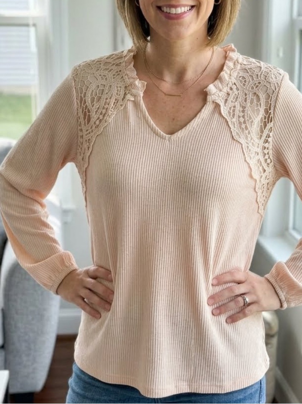 Cato cream/peach ribbed with open shoulder lace overlay size XL NWT